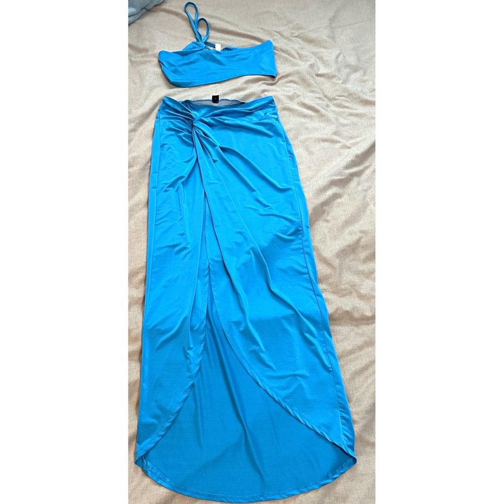 2-Piece Blue Knit Stretch Wrap Skirt & One Shoulder Sleeveless Top Set L